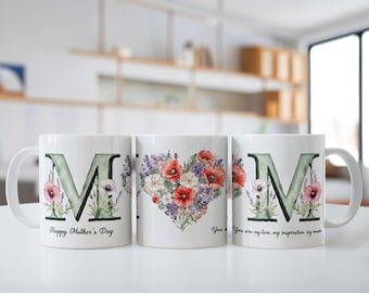 MOM Floral Heart Happy Mother's Day Ceramic Coffee 11oz 15oz Mug, Birthday Gift for Mom, Best Mom Ever Drinkware Gifts