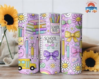 Coquette Back to School Tumbler, School Bus Coffee Cup, Pastel Pink Yellow Teacher Gift