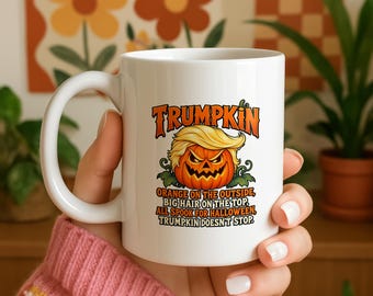 Trumpkin Halloween Ceramic Mug, Anti Trump Funny Political President Coffee Cup, Spooky Gift