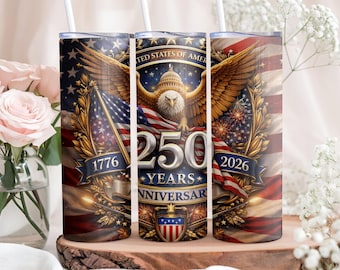 USA 250th Anniversary 20oz Skinny Tumbler, 1776–2026 Patriotic Eagle, American Flag, America Stainless Steel Cup with Straw, Gift for Dad