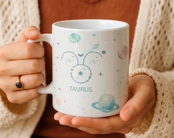 Taurus Zodiac 11oz 15oz Mug, Astrology Ceramic Coffee Cup, Celestial Horoscope Mug, Galaxy Stars Planets Birthday Gift