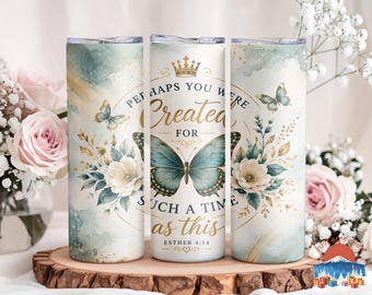Christian Bible Verse Butterfly 20oz Tumbler,  Faith Floral Skinny Cup, Inspirational Religious Gift
