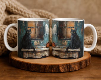 Vintage Halloween Ceramic Mug, Black Cat and Ghost Coffee Cup, Spooky Season Gift