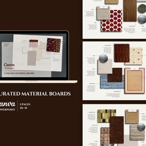 Op de afbeelding: Een digitale productweergave met een laptopscherm waarop een sjabloon voor gecureerde materiaalborden voor Canva en PowerPoint wordt getoond. De lay-out bevat drie verschillende pagina's met design-moodboards en texturen.