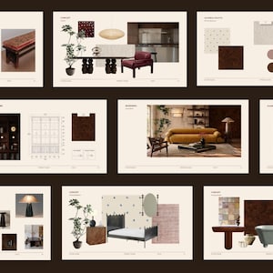 May include: Interior design mood boards displaying furniture, decor, and architectural elements. The boards present a range of styles, including modern and traditional, with colour palettes from neutral tones to rich, earthy hues.