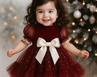May include: A young child in a burgundy velvet dress with a cream-colored bow and a matching headband. The dress has a tulle skirt with small, sparkling accents. The child is wearing white knee-high socks and cream-colored shoes.