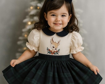 Robe bébé fille à carreaux renne, tenue de vacances tartan bleu marine