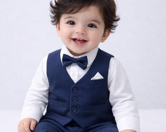 男の子用ネイビーブルーベストスーツ、フォーマルな男の子用洗礼服、ウェディングスーツ、ピンストライプスーツ、1歳の誕生日の男の子用スーツ