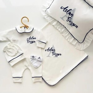 Personalized Baby Boy Outfit Set - Custom Name Newborn Hospital Clothes - Coming Home Gift, Embroidered Blanket & Pillow, Newborn Photo Prop