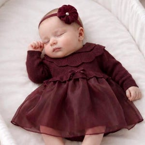 newborn burgundy dress NEWBORN BABY GIRL BURGUNDY DRESS SET WITH SHOES AND SOCKS. LACE DRESS