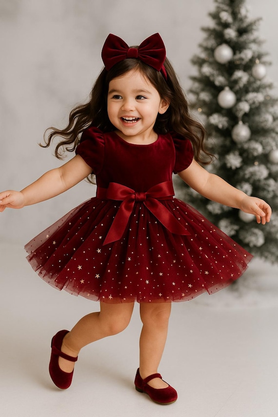 Velvet Christmas Dress: Burgundy Star Tulle Dress, Big Bow Holiday Outfit