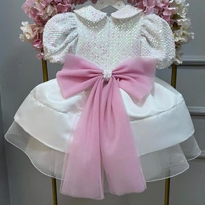 Satin Flower Girl Dress, Ivory Girl Dress, Girl Wedding Sparkle Dress, Baptism Dress, Communion Dress, Formal Dress, Big Bow, Birthday Dress