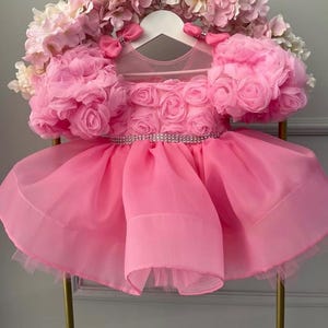 Pink Flower Girl Dress, First Birthday Dress, Baby Pink Rose Dress, Tutu Tulle Princess Girl Gown, Toddler Pagent Dress, Special Occasion