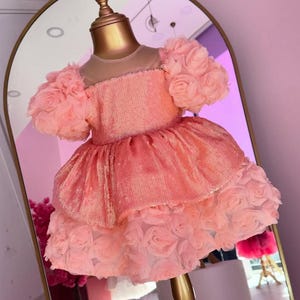 Salmon Flower Girl Dress, 1st Birthday Tutu Dress, Toddler Pagent Dress, Peach Elegant Dress with Big Bow, Princess Tulle Dress, Baby Dress