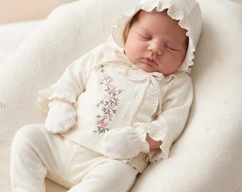 Zestaw dla dziewczynki „Powrót do domu”, biały ubranko dla noworodka, zestaw szpitalny z haftem kwiatowym, prezent