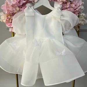White Flower Girl Dress, Girl Butterfly Dress, Girl Wedding Dress, Ivory Tulle Dress, Birthday Party Dress, Girl Satin Dress, Baptism Gown