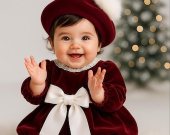 Samtkleidchen für Babys: Weihnachtliches Babykleidchen, burgunderrotes Festtagsoutfit mit weißer Schleife