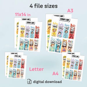 K&ouml;nnte beinhalten: Druckbarer digitaler Download von 8 bunten Stimmungs-Tracker-Karten f&uuml;r Kinder. Die Karten zeigen verschiedene Charaktere mit verschiedenen Emotionen, darunter gl&uuml;cklich, m&uuml;de, traurig, w&uuml;tend, ruhig, &auml;ngstlich, aufgeregt und albern. Die Karten sind in vier Gr&ouml;&szlig;en erh&auml;ltlich: 11x14 Zoll, Brief, A4 und A3.