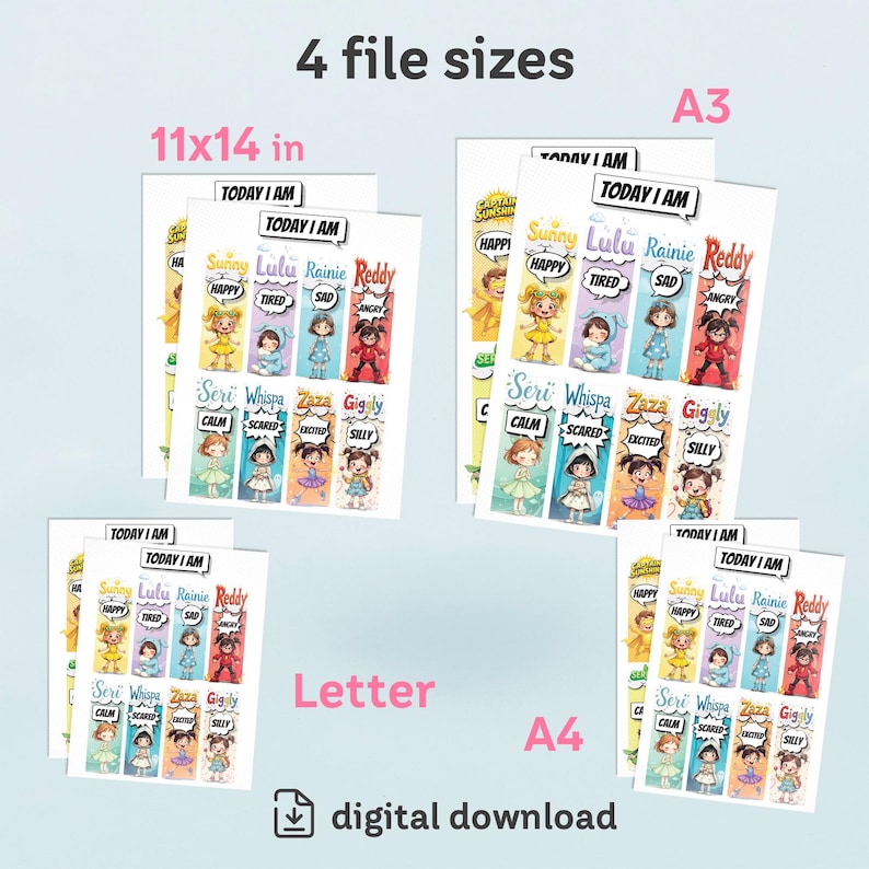 K&ouml;nnte beinhalten: Druckbarer digitaler Download von 8 bunten Stimmungs-Tracker-Karten f&uuml;r Kinder. Die Karten zeigen verschiedene Charaktere mit verschiedenen Emotionen, darunter gl&uuml;cklich, m&uuml;de, traurig, w&uuml;tend, ruhig, &auml;ngstlich, aufgeregt und albern. Die Karten sind in vier Gr&ouml;&szlig;en erh&auml;ltlich: 11x14 Zoll, Brief, A4 und A3.