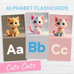 Flashcards do alfabeto para imprimir com gatos fofos | Cartões ABC para crianças e pré-escolares | Aprendizagem de letras de animais | Download digital