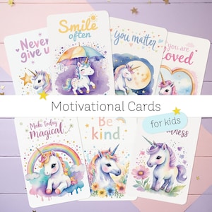Einhorn Affirmationskarten für Kinder - 20 positive Aquarelldrucke für Mädchen - Motivierende Zitate für Kinder