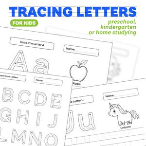 Alphabet Letter Tracing Worksheets for Kids – Printable PDF Pages with Coloring Images & Handwriting Practice – Digital Download