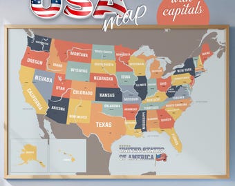 USA States Map with Capitals: Travel Learning Poster (Digital Download)