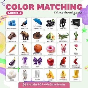 Juego de combinación de colores imprimible para niños pequeños: actividad educativa de reconocimiento de colores para niños de 2 a 4 años (PDF con descarga digital y modos de juego)
