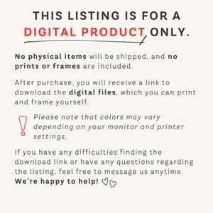 May include: Cream-colored digital product listing with red text that reads "THIS LISTING IS FOR A DIGITAL PRODUCT ONLY." The text also states that no physical items will be shipped. The listing includes a note about color variations and a message, "We're happy to help!"