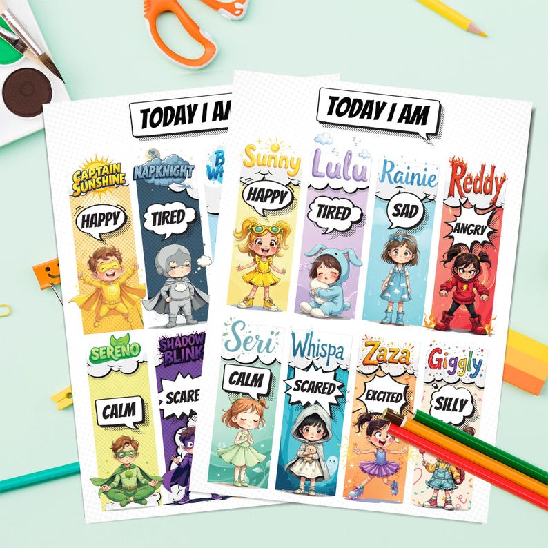 K&ouml;nnte beinhalten: Ein Satz druckbarer Lesezeichen mit bunten Comicfiguren, die verschiedene Emotionen zeigen. Jedes Lesezeichen hat einen Namen und ein Gef&uuml;hlswort, wie "Happy", "Tired", "Sad" und "Angry". Die Lesezeichen sind f&uuml;r Kinder konzipiert und k&ouml;nnen ihnen helfen, ihre Gef&uuml;hle auszudr&uuml;cken.