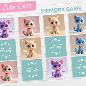 Jogo da Memória de Gatos para Imprimir para Crianças | Jogo de Flashcards | Pares de Gatinhos Fofos | Cartões 7 x 7 cm | A4 e Carta | Download Digital