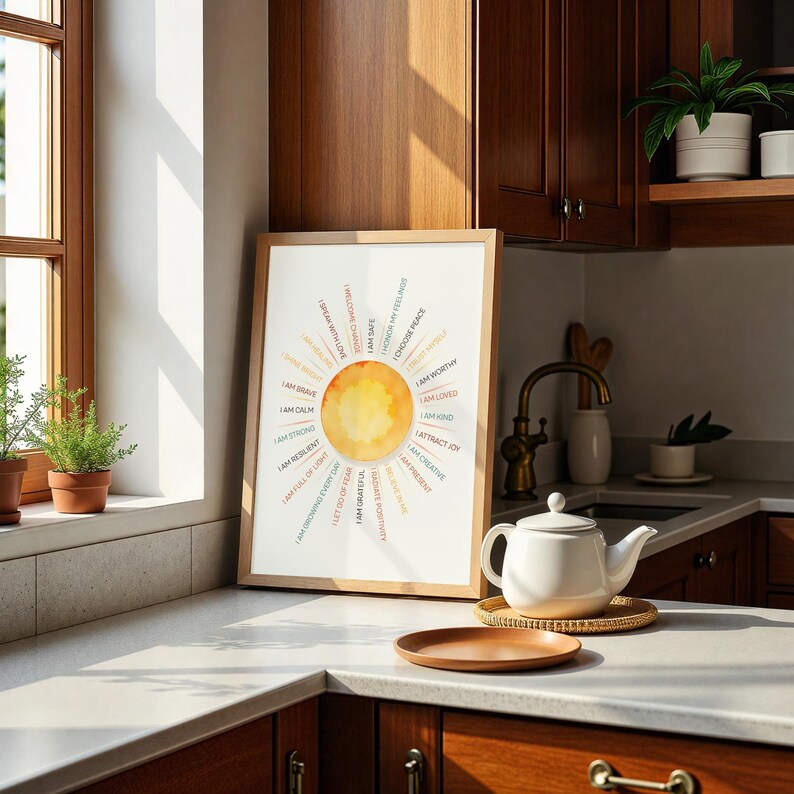 May include: A framed print with a watercolor sun design and affirmations, displayed on a kitchen countertop. The print features phrases like "I am calm" and "I am worthy." A white teapot and a wooden plate are also on the counter.