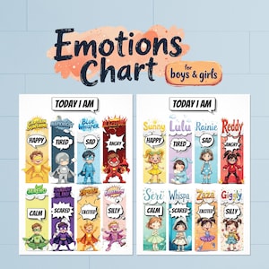 Printable Feelings Chart for Kids – Superhero Boys & Cute Girls Emotions Posters – SEL Mood Check-In Tool for Home, Classroom, Preschool