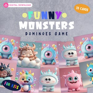 Gioco di domino da viaggio stampabile per bambini: divertenti carte mostro per l'apprendimento in movimento, gioco educativo digitale, attività per le vacanze