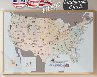 Printable USA Landmarks Map: Educational Travel Poster (Digital Download, Multiple Sizes Available)