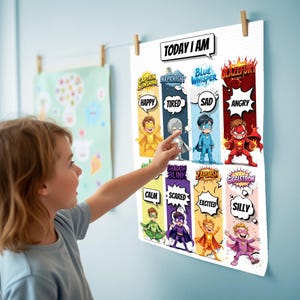 K&ouml;nnte beinhalten: Eine bunte Karte mit Comic-Superhelden, die verschiedene Emotionen darstellen. Die Karte tr&auml;gt den Titel "TODAY I AM" und zeigt Emotionen wie gl&uuml;cklich, m&uuml;de, traurig, w&uuml;tend, ruhig, &auml;ngstlich, aufgeregt und albern.