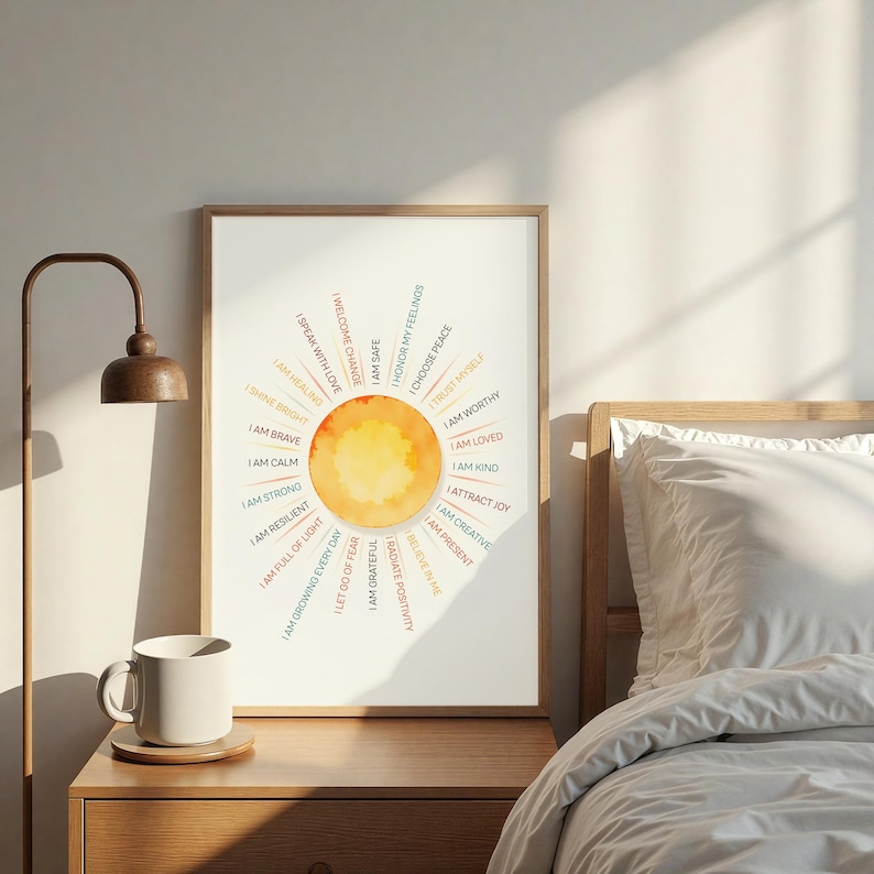 May include: A framed print with a sunburst design and affirmations. The affirmations include phrases like "I am safe," "I am loved," and "I am brave." The print is displayed on a wooden nightstand next to a white mug and a lamp.