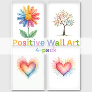 Könnte beinhalten: Vier gerahmte Aquarelldrucke mit positiven Affirmationen. Die Drucke zeigen eine Blume mit positiven Wörtern, einen Baum und zwei Herzmotive. Der Text "Positive Wall Art 4-pack" ist farbenfroh dargestellt.