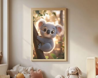 Cute Koala Wall Art for Kids Room Decor - Nursery Animal Poster - Adorable Woodland Jungle Theme Baby Shower Gift.