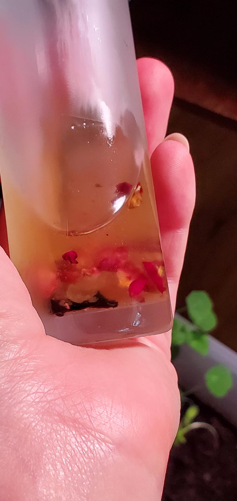 May include: A clear, rectangular bottle filled with a light amber liquid and small red flower petals. The bottle is held in a hand, with a blurred background of green plants.
