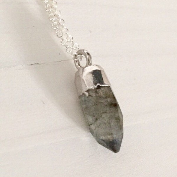 Tiny labradorite spike necklace   /Sterling silver labradorite necklace/ Silver dipped labradorite dagger necklace