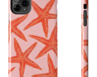 STARFISH Tough Phone Case, Hand-Drawn Coral Sea Star Pattern on Soft Pink, Coastal Ocean Aesthetic for Beach Lovers, iPhone & Samsung Galaxy