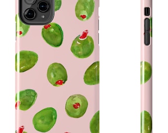 GREEN OLIVES Though Phone Case, Cute Green Olives on Pink Background, Fun Foodie Gift iPhone & Samsung Galaxy, Watercolor Olive Phone Case