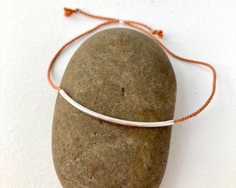 Rust Orange Silk Cord Bracelet with Sterling Silver Tube adjustable