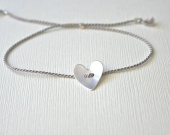 Gray silver silk thread bracelet with brushed Sterling Silver heart - adjustable