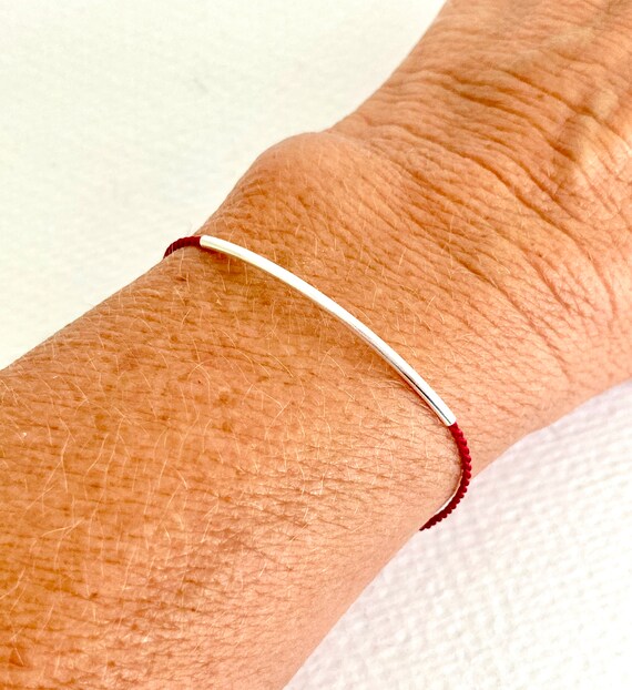 Red Thread Bracelet With Sterling Silver Tube Adjustable 