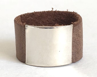 Sterling silver and leather belt buckle ring size 8