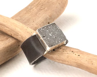 Square Agate druzy ring Sterling silver with gray leather band