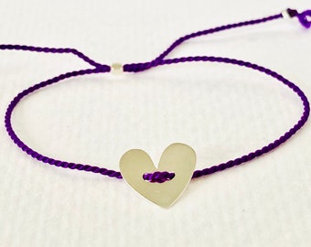 Purple silk thread bracelet with sterling silver heart