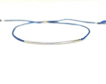 Blue thread Bracelet with Sterling Silver tube - adjustable